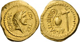 C. Iulius Caesar and A. Hirtius. Aureus 46, AV 8.17 g. C CAESAR – COS TER Veiled head of Vesta r. Rev. A·HIRTIVS·P·R Lituus, jug and axe. Babelon Juli...