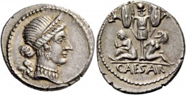 C. Iulius Caesar. Denarius, Spain 46-45, AR 3.86 g. Diademed head of Venus r.; behind, Cupid. Rev. Two captives seated at sides of trophy with oval sh...