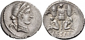 C. Iulius Caesar. Denarius, Spain 46-45, AR 3.96 g. Diademed head of Venus r.; behind, Cupid. Rev. Two captives seated at sides of trophy with oval sh...
