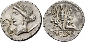 C. Iulius Caesar. Denarius, Spain 46-45, AR 3.79 g. Diademed and draped bust of Venus l., with star in hair and Cupid perched on shoulder. In l. field...