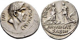 Cnaeus Pompeius Junior and M. Minatius Sabinus. Denarius, Spain 46-45, AR 3.80 g. IMP – CN·MAGN Head of Cnaeus Pompeius Magnus r. Rev. PR·Q Personific...