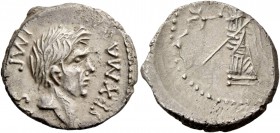 Sextus Pompeius Magnus Pius. Denarius, Southern Spain 44, AR 3.64 g. SEX MAGN – IMP S[AL] Bare head of Cnaeus Pompeius r. Rev. [PIETAS] Pietas standin...
