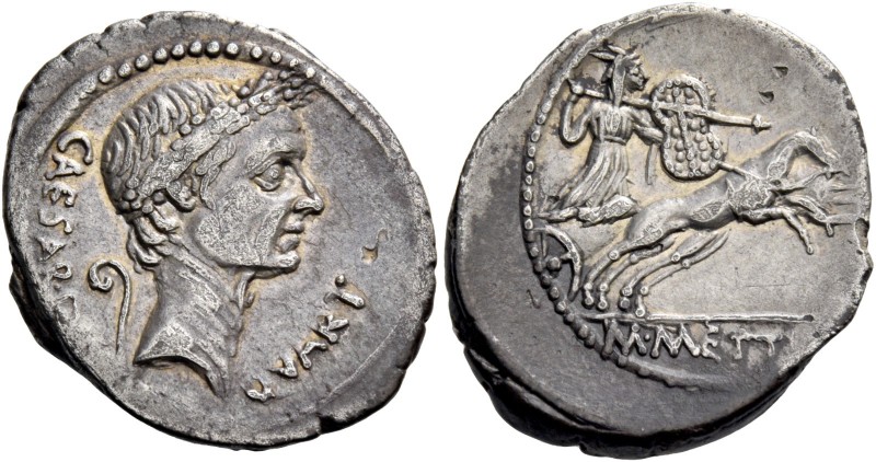 C. Iulius Caesar and M. Mettius. Denarius 44, AR 3.20 g. Wreathed head of Caesar...