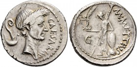 C. Iulius Caesar and M. Mettius. Denarius 44, AR 3.65 g. CAESAR·IMP Wreathed head of Caesar r.; behind, lituus and culullus. Rev. M·METTIVS Venus stan...