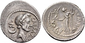 C. Iulius Caesar with L. Aemilius Buca. Denarius 44, AR 3.62 g. CAESAR·IM – P – M Wreathed head of Caesar r.; behind, crescent. Rev. [L]·AEMILIVS – BV...
