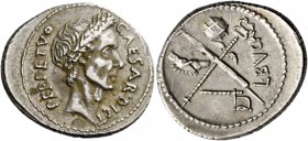 C. Iulius Caesar with L. Aemilius Buca. Denarius 44, AR 3.78 g. CAESAR·DICT – PERPETVO Wreathed head of Caesar r. Rev. Fasces and caduceus in saltire;...