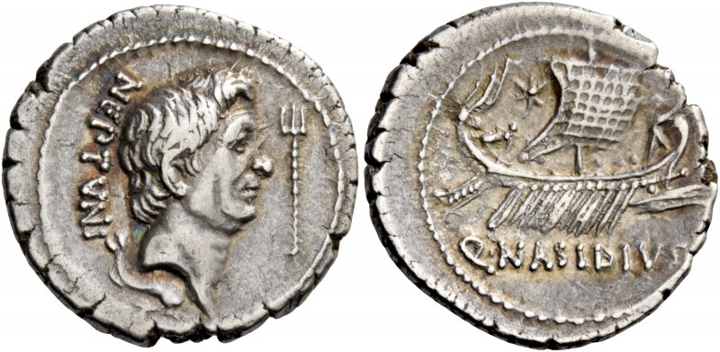 Sextus Pompeius and Q. Nasidius. Denarius, Sicily circa 42 to 38, AR 3.73 g. NEP...