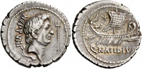 Sextus Pompeius and Q. Nasidius. Denarius, Sicily circa 42 to 38, AR 3.73 g. NEPTVNI Head of Cn. Pompeius Magnus r.; below head, dolphin and in r. fie...
