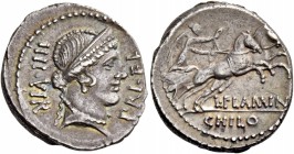 L. Flaminius Chilo. Denarius 43, AR 3.96 g. IIII·VIR – PRI·FL Diademed head of Venus r. Rev. Victory in prancing biga r.; below horses, L·FLAMIN. In e...
