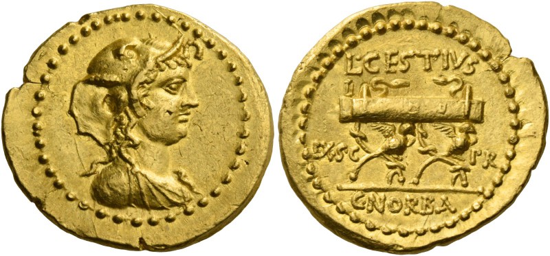 L. Cestius and C. Norbanus. Aureus January-April 43, AV 8.05 g. Draped bust of A...