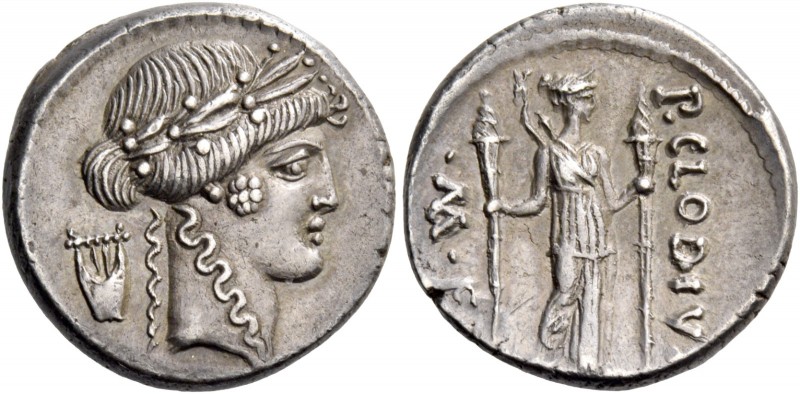 P. Clodius M. f. Turinus. Denarius 42, AR 3.56 g. Laureate head of Apollo r.; be...