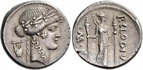 P. Clodius M. f. Turinus. Denarius 42, AR 3.56 g. Laureate head of Apollo r.; behind, lyre. Rev. P.CLODIVS – ·M·F Diana standing facing, with bow and ...