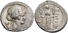 P. Clodius M. f. Turinus. Denarius 42, AR 3.98 g. Laureate head of Apollo r.; behind, lyre. Rev. P.CLODIVS – ·M·F Diana standing facing, with bow and ...