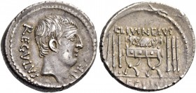 L. Livineius Regulus. Denarius 42, AR 3.78 g. REGVLVS·PR· Head of L. Regulus r. Rev. L·LIVINEIVS Curule chair; on either side, three fasces. In exergu...