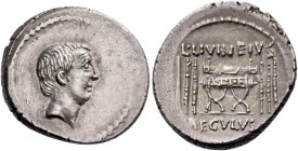 L. Livineius Regulus. Denarius 42, AR 3.88 g. Head of L. Regulus r. Rev. L·LIVINEIVS Curule chair; on either side, three fasces. In exergue, REGVLVS. ...