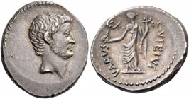 C. Vibius Varus. Denarius 42, AR 3.78 g. Bare head of M. Antonius r. Rev. C·VIBIVS – VARVS Fortuna standing l., holding Victory and cornucopiae. Babel...