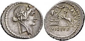 C. Vibius Varus. Denarius 42, AR 3.78 g. Head of Liber r., wearing ivy-wreath. Rev. VARVS Panther l. springing up towards garlanded altar upon which r...