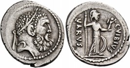 C. Vibius Varus. Denarius 42, AR 3.87 g. Laureate head of Hercules r. Rev. C·VIBIVS – VARVS Minerva standing r., holding Victory and spear. Babelon Vi...