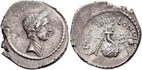 L. Mussidius Longus. Denarius 42, AR 3.49 g. Laureate head of Caesar r. Rev. L·MVSSIDIVS·LONGVS Rudder, cornucopiae on globe, caduceus and apex. Babel...