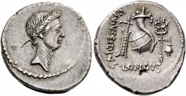 L. Mussidius Longus. Denarius 42, AR 4.10 g. Laureate head of Caesar r. Rev. L·MVSSIDIVS·LONGVS Rudder, cornucopiae on globe, caduceus and apex. Babel...