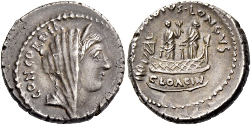 L. Mussidius Longus. Denarius 42, AR 4.15 g. CONCORDIA Diademed and veiled bust ...