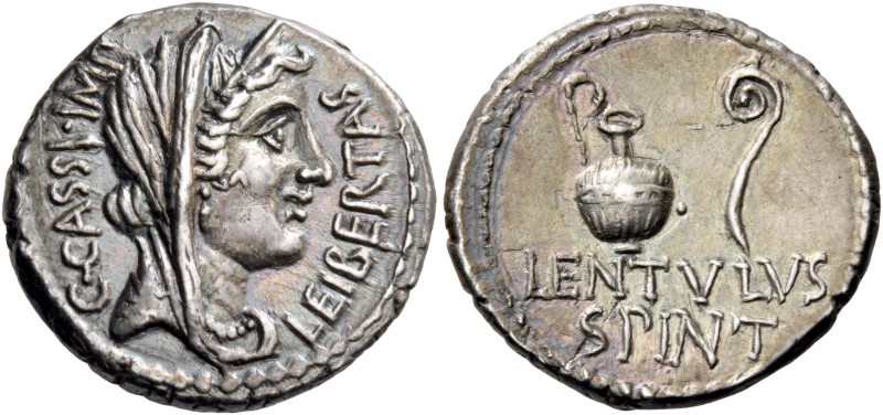 C. Cassius and Brutus with Lentulus Spint. Denarius, mint moving with Brutus and...