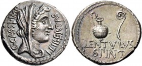C. Cassius and Brutus with Lentulus Spint. Denarius, mint moving with Brutus and Cassius 43-42, AR 3.92 g. C·CASSI·IMP – LEIBERTAS Diademed and veiled...