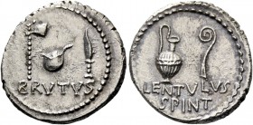 Q. Caepio Brutus and Lentulus Spint. Denarius, mint moving with Brutus and Cassius 43-42, AR 4.00 g. BRVTVS Axe, culullus and knife r. Rev. Jug and li...