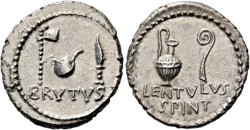 Q. Caepio Brutus and Lentulus Spint. Denarius, mint moving with Brutus and Cassi...