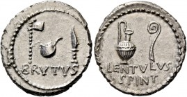Q. Caepio Brutus and Lentulus Spint. Denarius, mint moving with Brutus and Cassius 43-42, AR 3.94 g. BRVTVS Axe, culullus and knife r. Rev. Jug and li...