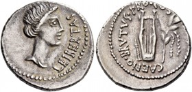 Q. Caepio Brutus. Denarius, mint moving with Brutus 43-42, AR 3.91 g. LEIBERTAS Head of Libertas r. Rev. CAEPIO·BRVTVS·PRO·CO – S Plectrum, lyre and l...