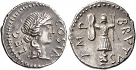 M. Iunius Brutus with Pedanius Costa. Denarius, mint moving with Brutus 43-42, AR 3.77 g. LEG – COSTA Laureate head of Apollo r. Rev. IMP – BRVTVS Tro...