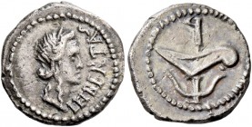 M. Iunius Brutus. Quinarius, mint moving with Brutus 43-42, AR 1.81 g. LEIBERTAS Laureate head of Libertas r. Rev. Prow-stem and anchor in saltire. Ba...