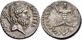 Sextus Pompeius. Denarius, Sicily 37-36, AR 4.01 g. MAG PI – VS IMP ITER Head of Neptune r., hair tied with band with trident over shoulder. Rev. PRAE...