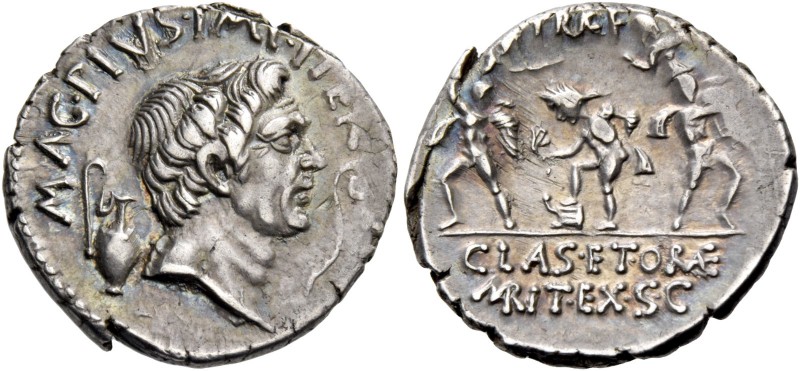 Sextus Pompeius. Denarius, Sicily 37-36, AR 3.66 g. MAG·PIVS·IMP·ITER Head of Cn...