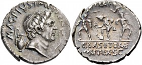 Sextus Pompeius. Denarius, Sicily 37-36, AR 3.66 g. MAG·PIVS·IMP·ITER Head of Cn. Pompeius Magnus r.; behind jug and before, lituus. Rev. PRÆF Neptune...