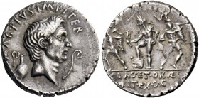 Sextus Pompeius. Denarius, Sicily 37-36, AR 3.89 g. MAG·PIVS·IMP·ITER Head of Cn. Pompeius Magnus r.; behind jug and before, lituus. Rev. PRÆF Neptune...