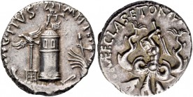 Sextus Pompeius. Denarius, Sicily 37-36, AR 3.96 g. [MA]G·PIVS – IMP ITER Galley with aquila on prow and sceptre tied with fillet on stern; in the bac...