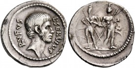 L. Servius Rufus. Denarius 43, AR 3.89 g. L·SERVIVS – RVFVS Male head (Brutus) r. Rev. Dioscuri standing facing, both holding spears and with swords h...
