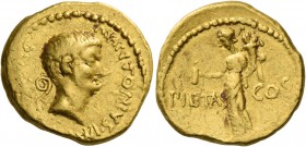 Marcus Antonius. Aureus, mint moving with M. Antonius in 41 BC, AV 8.05 g. M ANTONIVS·IM[P III R·]P·C Bare head of Marcus Antonius r.; behind, lituus....
