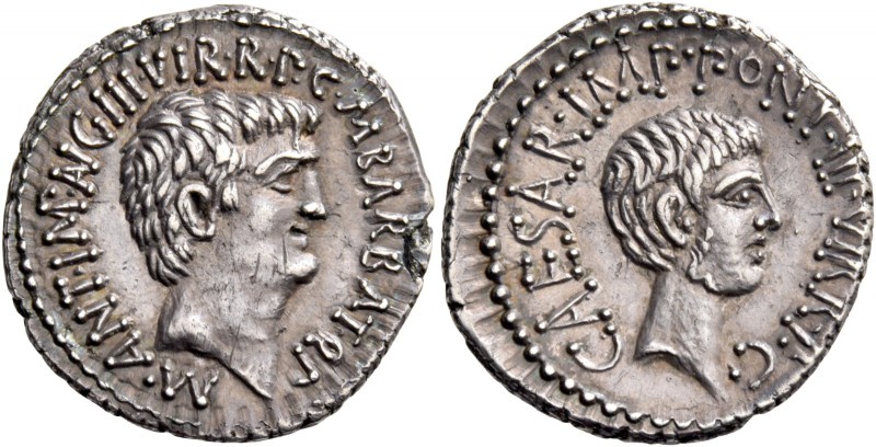 Marcus Antonius and C. Caesar Octavianus with M. Barbatius. Denarius, mint movin...