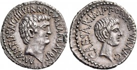 Marcus Antonius and C. Caesar Octavianus with M. Barbatius. Denarius, mint moving with M. Antonius 41, AR 4.00 g. M·ANT·IMP·AVG·III·VIR·R·P·C·M BARBAT...