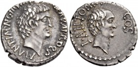 Marcus Antonius, Lucius Antonius with L. Cocceius Nerva. Denarius, mint moving with M. Antonius 41, AR 3.81 g. M·ANT·IMP·AVG III VIR·R·P·C·M NERVA PRO...