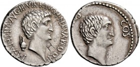 Marcus Antonius and L. Cocceius Nerva. Denarius, mint moving with M. Antonius 41 BC, AR 3.90 g. M·ANT·IMP·AVG III VIR·R·P·C·M NERVA PROQ·P Bare head o...
