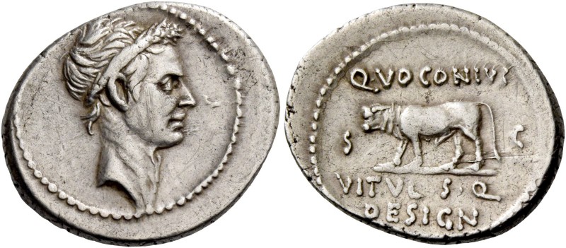 Q. Voconius Vitulus. Denarius 40 (?) or later, AR 3.78 g. Laureate head of Iuliu...