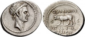Q. Voconius Vitulus. Denarius 40 (?) or later, AR 3.78 g. Laureate head of Iulius Caesar r. Rev. Q·VOCONIVS / S – C Calf walking l.; in exergue, VITVL...