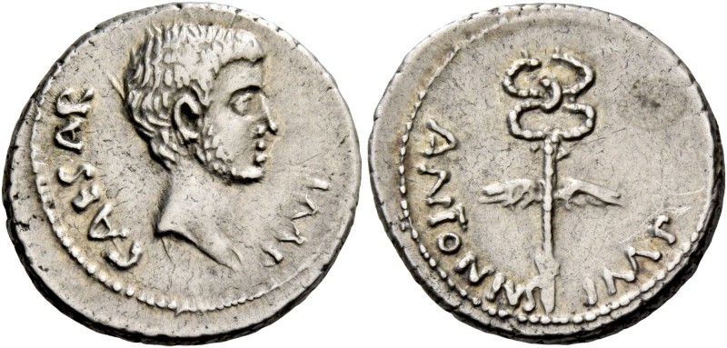 C. Caesar Octavianus and M. Antonius. Denarius, mint moving with Octavianus 39, ...