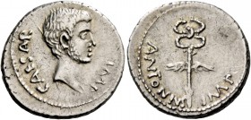 C. Caesar Octavianus and M. Antonius. Denarius, mint moving with Octavianus 39, AR 3.48 g. CAESAR – IMP Head of Octavian r. Rev. ANTONIVS – IMP Caduce...
