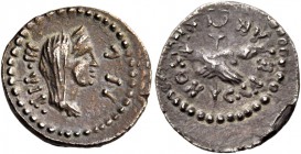 C. Caesar Octavianus and Marcus Antonius. Quinarius, mint moving with Octavianus 39, AR 1.60 g. III·VIR· – R·P·C Diademed head of Concordia r. Rev. M·...