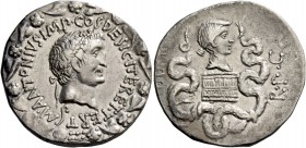 Marcus Antonius. Cistophoric tetradrachm, Ephesus (?) 39, AR 11.77 g. M·ANTONIVS·IMP·COS· DESIG·ITER ET·TERT Ivy-wreathed head r.; below, lituus. All ...